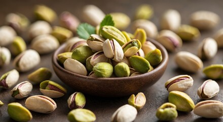 Poster - Pistachio nuts in a bowl with scattered nuts on a wooden surface with natural lighting and green garnish Copy Space