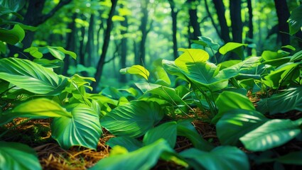 Poster - Lush green foliage in a tranquil forest setting with soft dappled sunlight filtering through the trees Copy Space