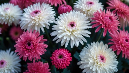 Poster - Colorful assortment of pink and white gerbera daisies floral arrangement with fresh green leaves Copy Space