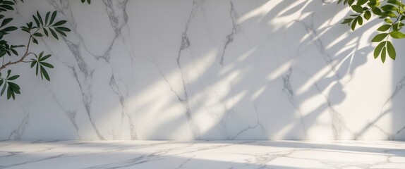 Poster - Marble wall interior with green leaves and shadows creating a natural light effect suitable for backgrounds Copy Space