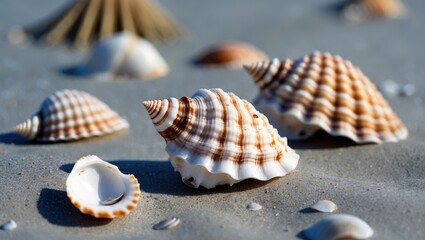 Poster - close-up of various seashells on sandy beach surface with natural light and shallow depth of field c