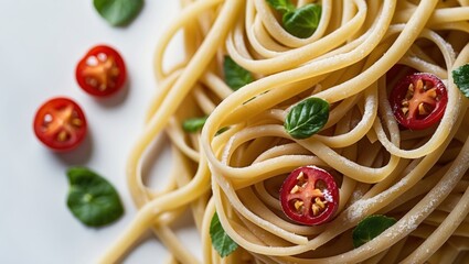 Poster - Pasta dish with fresh herbs and sliced cherry tomatoes on a white plate with Copy Space