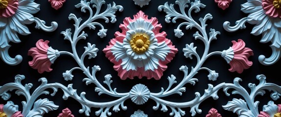 Poster - Decorative floral plaster relief on dark background with intricate details and vibrant colors in pink, white, and yellow. Copy Space