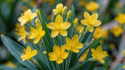 Poster - Yellow flowering plant with green leaves in a natural setting suitable for botanical illustrations or educational materials Copy Space