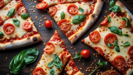 Aufkleber - Slices of Margherita pizza with fresh tomato, basil, and cherry tomatoes on wooden table background with scattered herbs and spices Copy Space