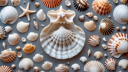 Poster - Collection of assorted seashells and starfish on grey background arranged artistically with empty space for text Copy Space