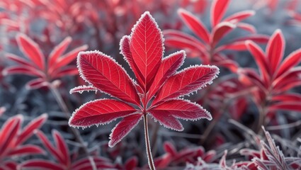 Aufkleber - Frosted red leaves in winter landscape with blurred background showcasing vibrant colors and textures with Copy Space