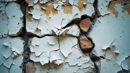 Aufkleber - Cracked and peeling paint on an aged wall with exposed bricks and uneven texture Copy Space
