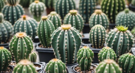 Aufkleber - Cacti collection in pots with various shapes and sizes showcasing green spines and textures Copy Space