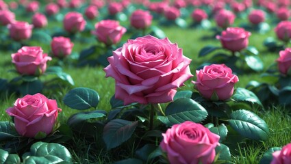 Poster - Pink roses in a vibrant garden with lush green leaves and grass backdrop showcasing flowers in full bloom with Copy Space.