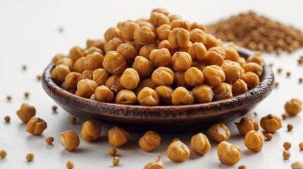 Aufkleber - Chickpeas in a wooden bowl with scattered grains on a light background showcasing dried legumes with copy space