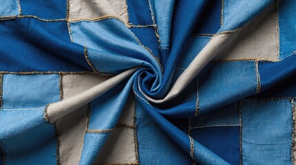 Poster - Textured blue patchwork fabric with stitched edges in various shades of blue and beige arranged in a spiral pattern Copy Space
