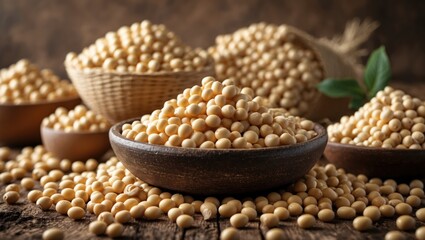 Aufkleber - Soybeans in bowls and baskets with scattered grains on wooden surface, agricultural background with copy space.