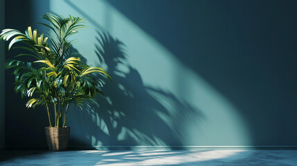 Wall Mural - Indoor Palm: Green palm in woven pot casts dramatic shadows on a teal wall, creating a peaceful and modern interior space.