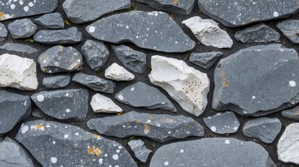 Poster - Textured gray and white stone wall background pattern with various shapes and sizes of stones suitable for construction or design use Copy Space