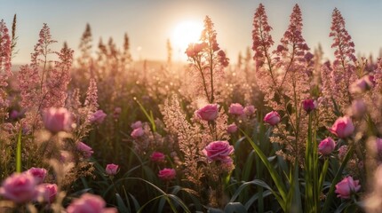 Poster - Sunset over a flower field with pink roses and tall grass, warm colors, nature scenery, copy space available for text.