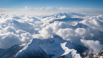 Aufkleber - Aerial view of snow-capped mountains surrounded by fluffy clouds under a clear blue sky with panoramic landscape in the distance Copy Space