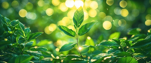 Aufkleber - Green leaves in sunlight with bokeh effect soft focus background natural foliage with bright highlights Copy Space