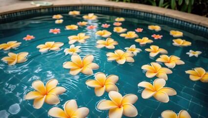 Poster - Floating yellow and pink flowers on tranquil pool water with greenery in the background Copy Space