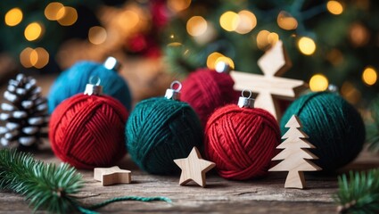 Aufkleber - Colorful Christmas ornaments and wooden decorations on rustic table with blurred festive lights in background Copy Space
