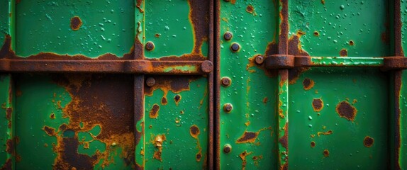Aufkleber - Weathered green metal door with rust spots and water droplets detailed texture background with industrial elements Copy Space