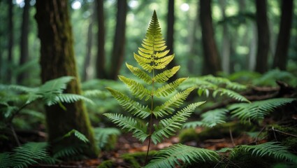 Poster - Lush green fern in forest environment with soft natural lighting and blurred background providing ample copy space for text