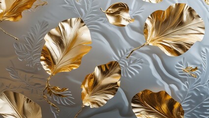 Poster - Golden botanical leaves on embossed textured background with smooth surface and intricate detail, ideal for luxury design concepts, Copy Space.