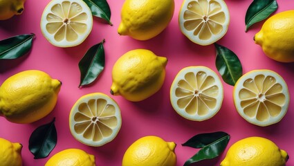 Poster - Fresh lemons whole and sliced showing texture with green leaves on vibrant pink background Copy Space