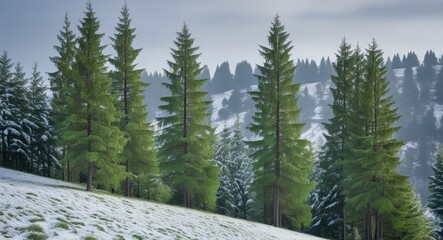 Poster - Snow-covered landscape with coniferous trees on a hillside under a cloudy sky Copy Space