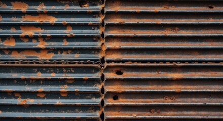 Poster - Rusty corrugated metal texture with blue and orange rust stains close-up background industrial design Copy Space