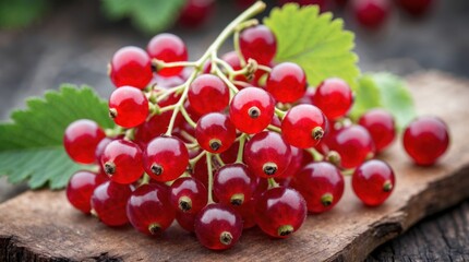 Aufkleber - Fresh red currants displayed on wooden surface with green leaves as backdrop Copy Space