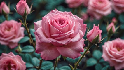 Poster - Close-up view of blooming pink roses and buds in a lush garden setting with green foliage Copy Space
