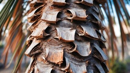 Aufkleber - Close-up of textured bark on palm tree showcasing natural patterns and details with blurred green foliage in background Copy Space