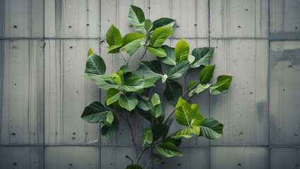 Poster - Green plant leaves against a textured gray concrete wall with copy space for text placement.