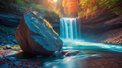 Poster - Waterfall surrounded by autumn foliage with a large rock in foreground and turquoise water under soft sunlight Copy Space