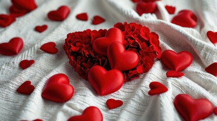 Poster - Red heart-shaped arrangements with smaller hearts on a soft white fabric background romantic decoration. Copy Space
