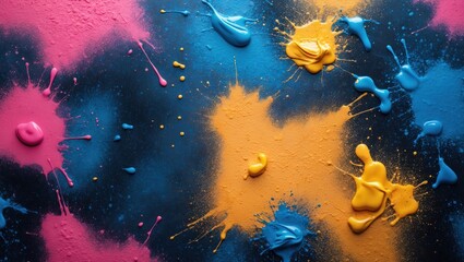 Aufkleber - Colorful abstract paint splashes on dark background with vibrant hues of pink, blue and yellow, artistic paint texture, Copy Space