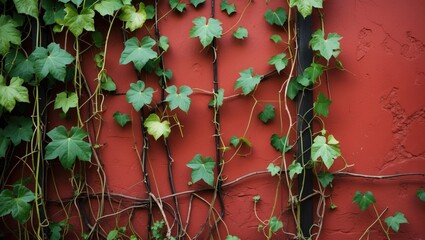 Aufkleber - Ivy plant climbing on a textured red wall creating a natural design with ample Copy Space for text placement