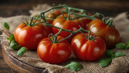 Aufkleber - Fresh ripe tomatoes with green vines arranged on a wooden board surrounded by basil leaves and burlap fabric Copy Space