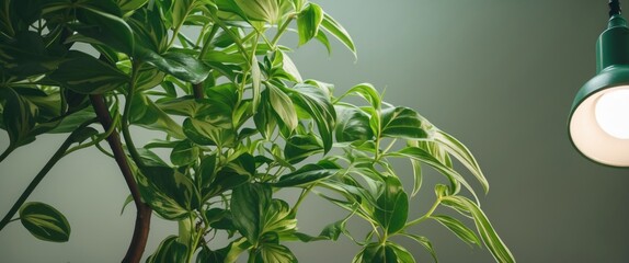 Poster - Green indoor plant with variegated leaves under a hanging lamp against a soft green background with Copy Space