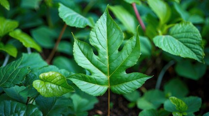Poster - Single large green leaf surrounded by smaller leaves in a lush garden setting with natural lighting and detailed texture. Copy Space
