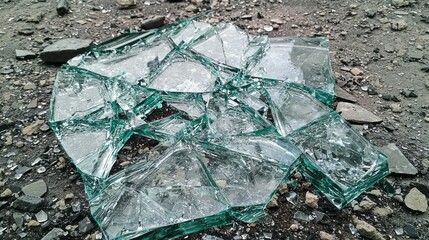 Aufkleber - A multitude of broken glass pieces scatter across a rough, gray surface, reflecting light in sharp angles. Each shard carries remnants of what once was, creating a mosaic of chaos and beauty