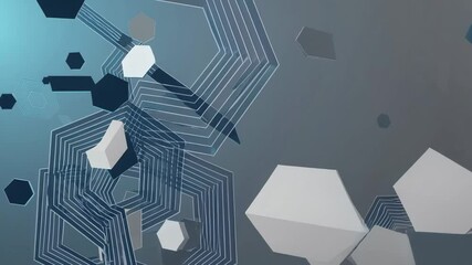 Poster - Futuristic digital animation presenting geometric hexagons and cubes moving gradually, generating sophisticated abstract visual pattern with minimal design elements in seamless looping background