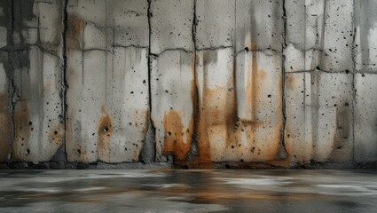 Poster - Concrete wall with rust stains and texture reflections on the floor with ample Copy Space for text placement