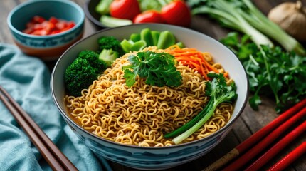 Poster - Vegetarian ramen bowl with fresh vegetables including broccoli, carrots, and herbs on a wooden table with chopsticks and red bowls in background