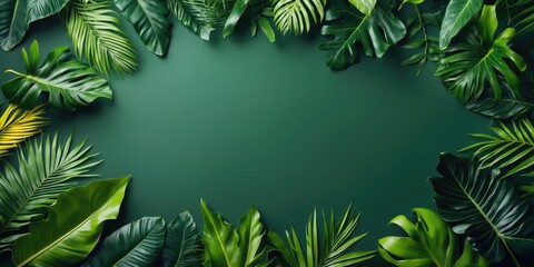 Poster - Tropical green leaves frame on dark green background with Copy Space for text placement