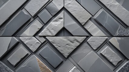 Aufkleber - Textured gray stone wall tiles arranged in a geometric pattern with varying shapes and sizes for modern interior design Copy Space