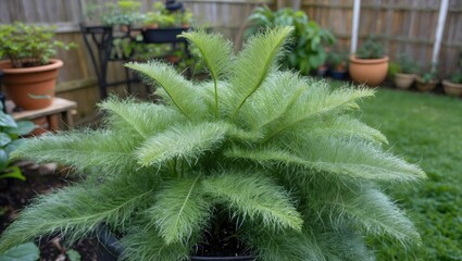 Aufkleber - Lush green potted fern plant with feathery leaves in a garden setting surrounded by various pots and greenery Copy Space