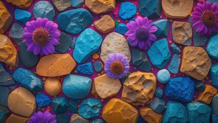 Poster - Colorful pebbles and purple flowers flat lay arrangement with vibrant background and decorative elements Copy Space