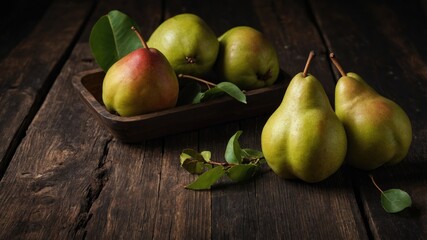 Aufkleber - Fresh green pears in a wooden bowl on rustic wooden table with leaves and dark background Copy Space